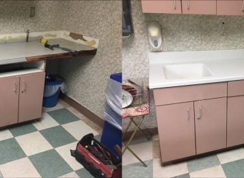 In this small doctor's office break room, there was no budget for new cabinets, so we simply replaced the countertop with a Corian one and cleaned up the existing cabinets.