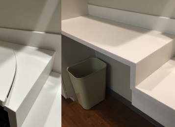 Before and after of a commercial job in a patient exam room. The repair involved refusing and re-supporting the same top, saving the customer significant costs compared to tearing out both tops, where sink plumbing alone would have been 3 times the cost.