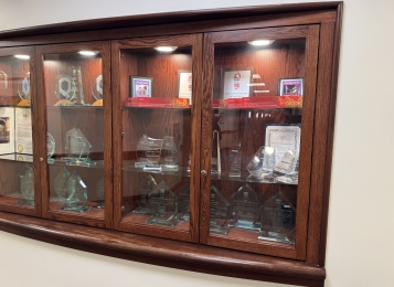 Custom stained oak bookcase display with glass shelving and lighting.