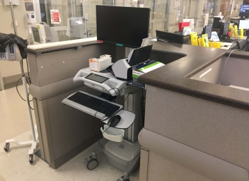 This existing Corian top in a surgery center was straight across we cut the U-shaped out for this special Pyxis machine on site.