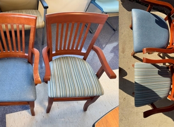 Refinished chair before the chair is on the left after the chairs on the right Doctors office chairs in waiting room