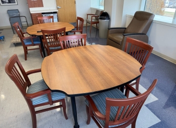 Refinished these 8 chairs picked up refinished and delivered. Spray stain, custom matched color blended to enhance richness of color. Pre catalyzed finish clear Top coat.