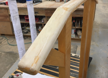 Before and after refinished  the railings and freshen up steps and vertical pieces for a physical therapy doctor.  Scrape sanded, and strip top railing custom match stain with clearcoat refinished and sprayed in our shop.