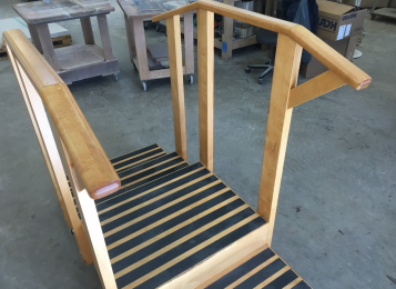 Before and after refinished  the railings and freshen up steps and vertical pieces for a physical therapy doctor.  Scrape sanded, and strip top railing custom match stain with clearcoat refinished and sprayed in our shop.